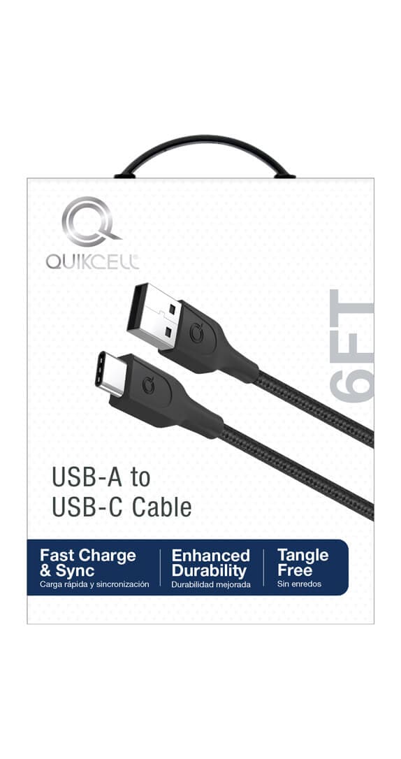 CABLE DE CARGA Y SINCRONIZACIÓN USB-A de Quikcell a USB-C - 6 ft - Negro