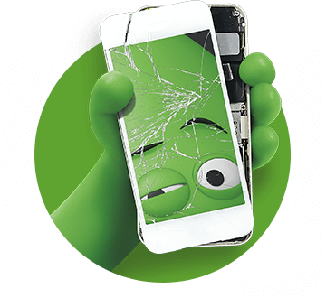 Mano de personaje verde sosteniendo un teléfono roto con la pantalla rajada